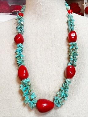 Chunky Southwestern Multi Strand Turquoise Howlite & Red Ceramic Jewelry Beach